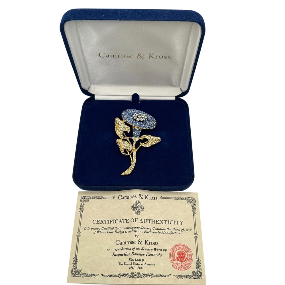 Camrose & Kross JBK Jacqueline Kennedy Blue Flower Crystal Brooch Pin with Box